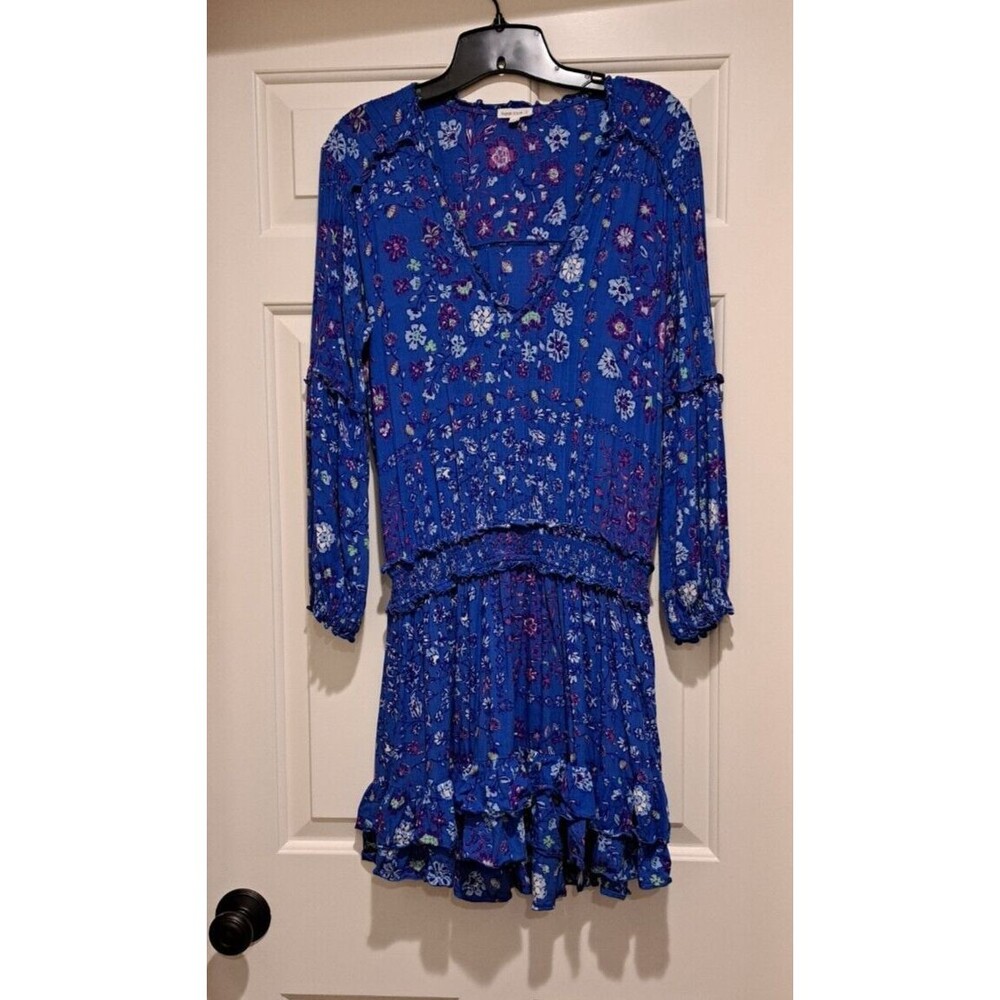 POUPETTE ST BARTH Ilona Mini Dress women size M blue print Long Sleeve Ruffle